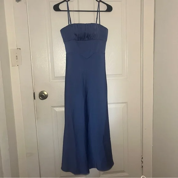 Beautiful blue satin midi Misha Amalthea dress XXS ruched - Picture 1 of 4